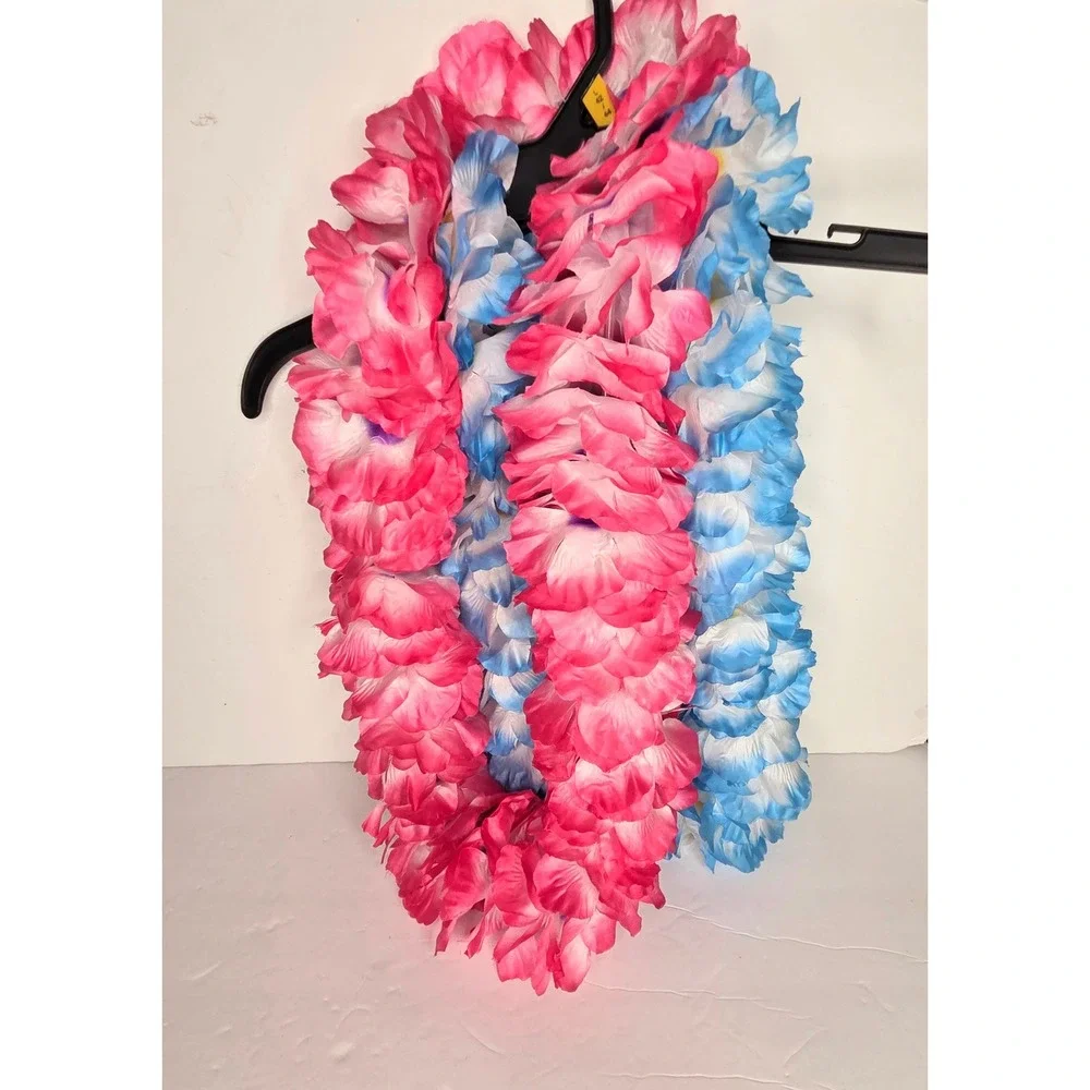 Lot of 2 Tropical Floral Leis Pink and Blue Luau Party Accessories Synthetic